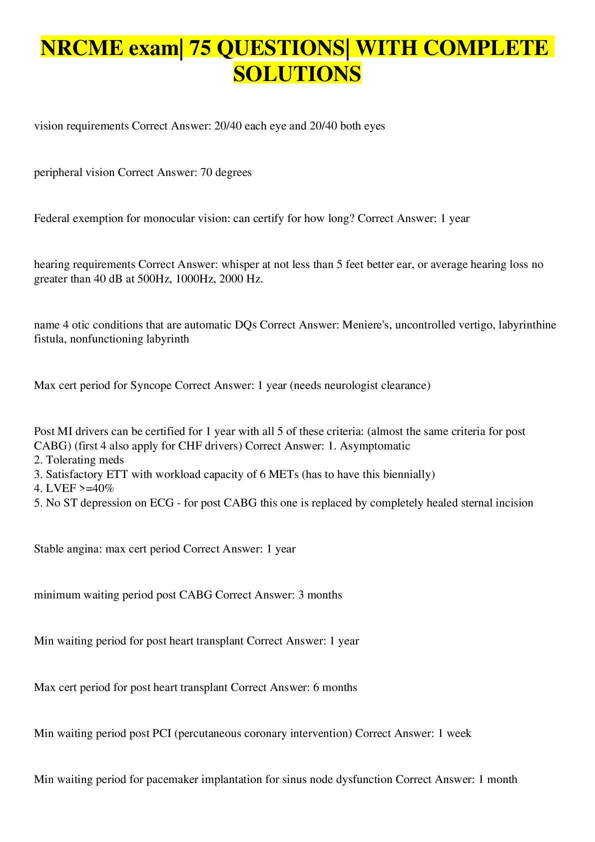 Preview image for NRCME exam| 75 QUESTIONS| WITH COMPLETE SOLUTIONS